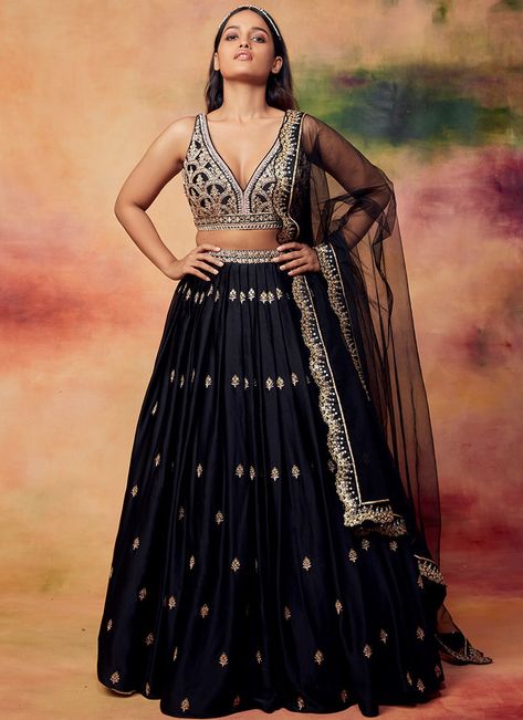 Engagement Lehenga Choli: Buy the Latest Designs | Lashkaraa Black And Gold Indian Outfit, Black Gold Lehenga, Black And Golden Lehenga, Black And Gold Lehenga, Lehenga Black, Bridesmaid Outfits, Satin Lehenga, Engagement Lehenga, Punjabi Style