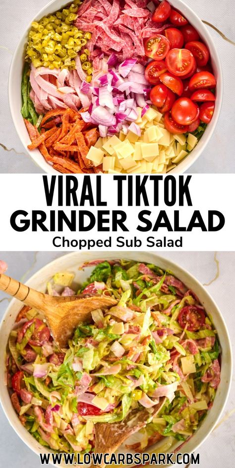 This Italian Grinder Salad is inspired by the viral TikTok grinder sandwich. It transforms all the bold flavors of an Italian sub into a delicious low-carb salad. Packed with crunchy lettuce, savory deli meats, provolone, and a creamy, tangy dressing, it's a fresh, colorful side dish that's simply irresistible. Chopped Italian Grinder Salad, Easy Grinder Salad, Sub Salad Bowl, Grinder Bean Salad Recipe, Chopped Sub Salad, Grinder Salad Recipe, Sub In A Tub Salad Healthy, Keto Italian Salad, Tiktok Grinder Sandwich