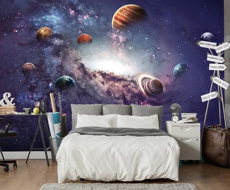 Space Themed Bedroom, 3d Wall Murals, Planets Wallpaper, Space Room, Large Wallpaper, Removable Wall Murals, Paper Wallpaper, Removable Wall, Bedroom Themes