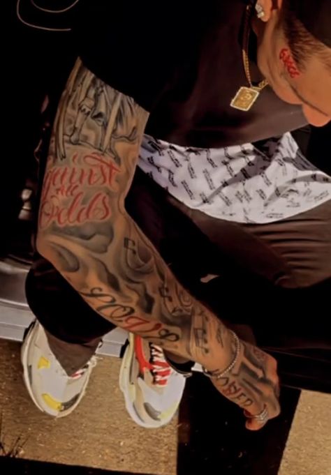 Men Hood Tattoos, Tattoos For Hood Men, Thug Neck Tattoo, Men’s Sleeve Idea, Sick Sleeve Tattoos, Shaded Neck Tattoos, Red Neck Tattoo Men, Red And Black Tattoos Men, Red Arm Tattoo Men