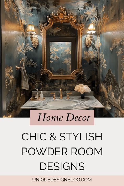 30 Chic and Stylish Powder Room Designs to Inspire You Statement Wallpaper Powder Room, Art Nouveau Powder Room, Powder Room Moulding, Jewel Box Powder Room, Bold Powder Room Wallpaper, Mediterranean Powder Room Ideas, Brown Powder Room, Dark Powder Room Ideas, Powder Room Ideas Elegant Modern