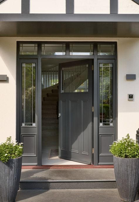 The front door is unique and has a margin-type leaded design with clear glass and satin obscure in the small margin squares. It also has a large round leaded design in the centre of the glazed door itself making a great viewing pane to let light into the entrance hall. The door was finished in 3 coats, spray applied of our own shade Westbury Black and paired with with satin nickel ironmongery to give a contemporary feel.⁠
⁠ Front Doors That Let In Light, Glass Front Porch, Edwardian Renovation, Unique Front Door, Timber Front Door, Upvc Windows And Doors, Arts And Crafts Home, Exterior Door Colors, Unique Front Doors