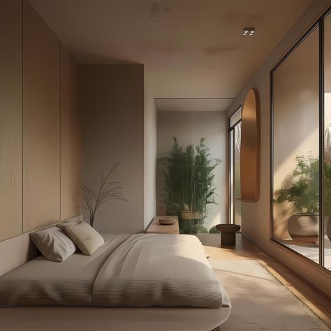 The serene and minimalist Japandi bedroom features an all-beige colour scheme with dark brown accents, boasting floor-to-ceiling windows on one side that offer views of a lush garden. Soft lighting illuminates the space, complementing the muted tones and calming vibes. A small white bed crafted from oak wood and cream linen sheets takes center stage. The room exudes tranquility and elegance, capturing the essence of its minimalist yet inviting atmosphere. 🙋🏻‍♀️Follow @japandiinteriordesign... Minimalist Japandi Bedroom, Japandi Bedroom Ideas, Japandi Bedroom Design, Minimalist Japandi, Bedroom Tile, Japandi House, Dark Wood Bedroom, Modern Japandi, Japandi Bedroom