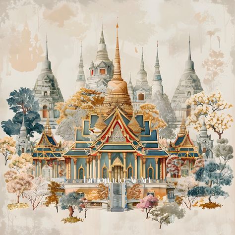 Thai Palace, Temple Drawing, Themed Wedding Decorations, Thailand Art, Building Painting, Film Poster Design, Architecture Design Sketch, Architecture Design Concept, Roman Art