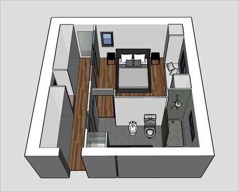 Dormitorio + Baño + Vestidor = Suite. Parents Bedroom, Bedroom Addition, Bedroom Closet Design, Master Room, Bedroom Floor Plans, Bedroom Layouts, Bedroom Flooring, Master Bedrooms Decor, Small Apartment