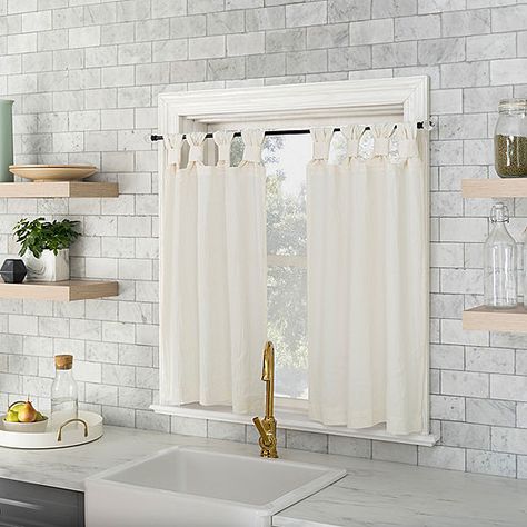 Archaeo Sarro 2-pc. Tab Top Window Tier - JCPenney Kitchen Sink Window Curtains, Kitchen Window Decor Over Sink, White Kitchen Curtains, Kitchen Window Decor, Small Bathroom Window, Ivory Kitchen, Bathroom Window Curtains, Bathroom Window Treatments, Above Sink