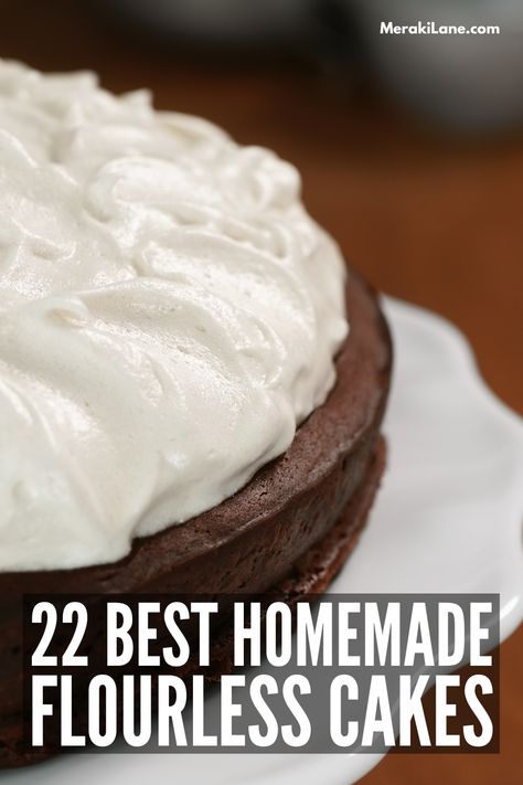 22 Best Homemade Flourless Cake Recipes | If you follow a gluten-free diet, that doesn't mean you can't eat cake! Whether you're making a birthday cake for your child's birthday, or just need to satisfy a craving for something sweet, we've curated a list of easy and delicious flourless cake recipes to try! With more unique options than just chocolate, our list includes recipes like pumpkin spice, lemon, vanilla, and coconut cakes. No Flour Cake Recipes, Flourless Vanilla Cake Recipe, Flourless Cake Recipe, Flourless Cakes, Flourless Cake Recipes, Chocolate Roulade, Coconut Cakes, Pear And Almond Cake, Delicious Holiday Desserts