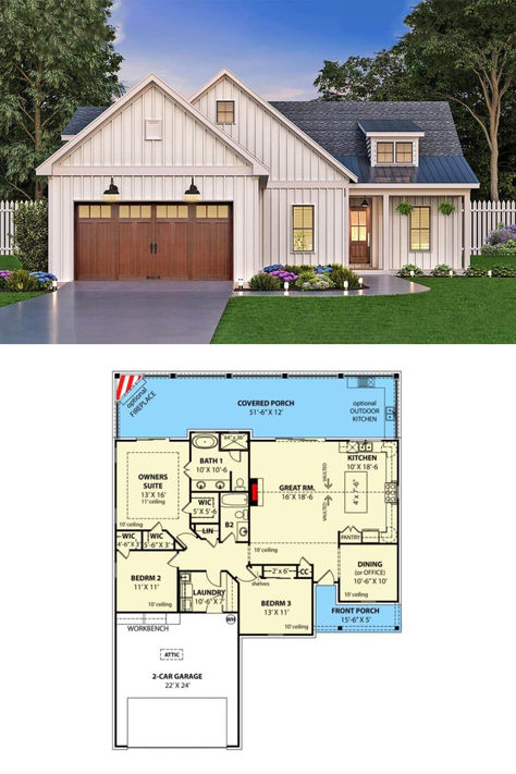 Single-Story 3-Bedroom Country Style Home with Covered Porch and Open Concept Design (Floor Plan) Southern Living House Plans One Story, 2000 Sf House Plans, Floor Plans Open Concept, House Plans With 3 Bedrooms, Floor Plans Open, Open Concept House Plans, House Layout Ideas, Patio Homes, Open Concept Design