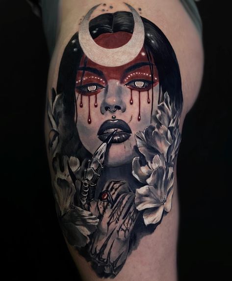 Female Vampire Tattoo Ideas, Vampiric Tattoo Ideas, Vampy Tattoo, Vampire Woman Tattoo, Vampire Tattoo For Women, Female Vampire Tattoo, Vampire Girl Tattoo, Chunky Tattoo, Goth Girl Tattoo