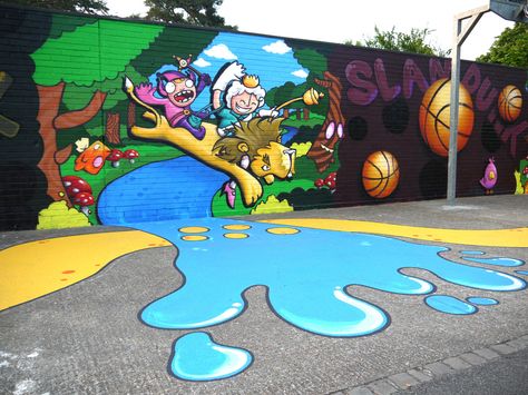 great idea to have it coming out and onto the playground floor too School Mural Ideas Outdoor, Playground Games Painted, School Outside Wall Painting, Backyard Graffiti Wall, Playground Murals Schools, School Floor, Playground Flooring, Children Park, Floor Murals