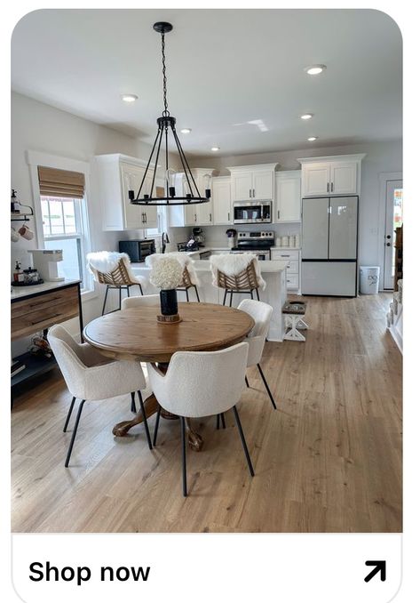 Kitchen Modern Decor Ideas, Modern Farmhouse Eat In Kitchen, Grey House Aesthetic, Open Floor Plan Living Room And Kitchen And Dining Room, Dinette Ideas Kitchen, Snowbound Sherwin Williams, Snowbound Paint, Kitchen Table Chandelier, Modern Farmhouse Color Palette