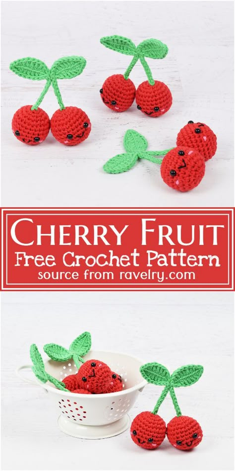 Food Crochet, Crochet Fruit, Keychain Pattern, Crochet Keychain Pattern, Pola Amigurumi, Cherry Fruit, Crochet Animals Free Patterns, Crochet Food, Crochet Amigurumi Free