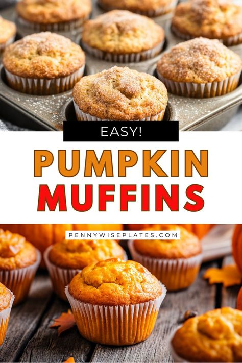 golden-brown pumpkin muffins in a muffin tin and displayed on a rustic surface, labeled "Easy Pumpkin Muffins" Pumpkin Muffins From Fresh Pumpkin, Homemade Pumpkin Muffins, Easy Pumpkin Muffins, Moist Pumpkin Muffins, Pumpkin Muffins Recipe, Best Pumpkin Muffins, Pumpkin Muffins Easy, Pumpkin Everything, Pumpkin Muffin Recipes