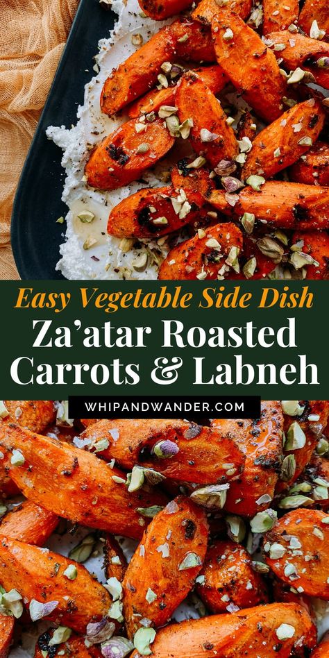 Za'atar Roasted Carrots with Labneh – A holiday-worthy side dish that's easy enough for weeknights! Roasted carrots tossed in garlic olive oil and za'atar are served over creamy labneh, with a drizzle of honey and a sprinkle of pistachios. Perfect balance of savory, sweet, and crunchy! Middle Eastern Carrots, Easy Vegetable Side Dishes, Flavorful Vegetables, One Pot Dinners, Spicy Dishes, Thanksgiving Menu, Roasted Carrots, Hearty Soups, Favorite Side Dish