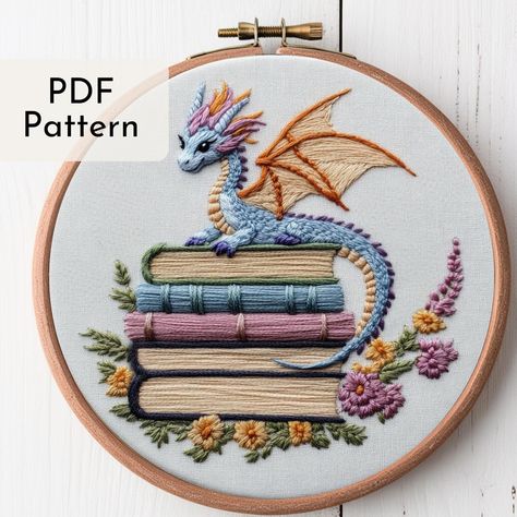 Dragon Embroidery Pattern, Pastel Wildflowers, Books Embroidery, Magic Embroidery, Book Embroidery, Satin Stitch Embroidery, Pdf Embroidery Pattern, Dragon Embroidery, Dragon Book