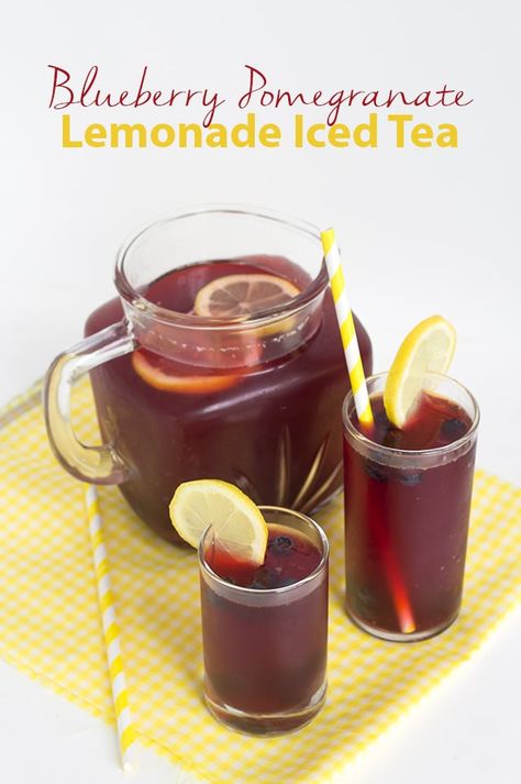 Blueberry Pomegranate Lemonade Iced Tea Pomegranate Tea Recipe, Pomegranate Lemonade, Lemonade Iced Tea, Blueberry Pomegranate, Unsweetened Iced Tea, Pomegranate Tea, Blueberry Tea, Cannibis Recipes, Apple Cider Vinegar Detox