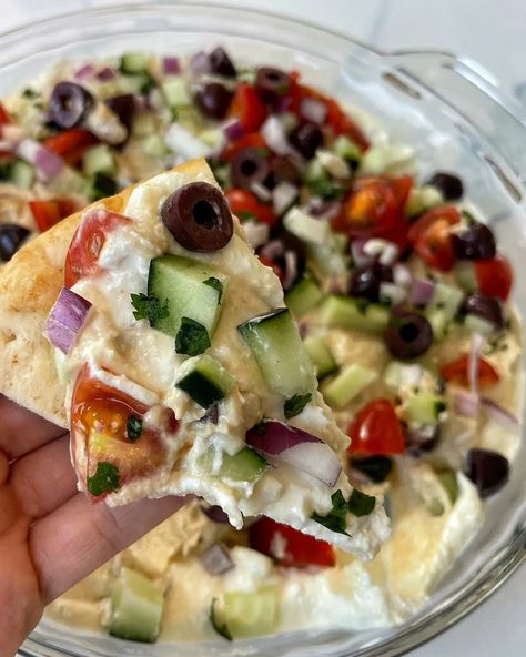 The Most Flavorful Greek Layer Dip with Whipped Feta | Whipped Feta Appetizer Recipes, Layered Hummus Dip Feta, Cold Feta Dip, Taziki's Whipped Feta Recipe, Greek Dip Appetizer, Whipped Feta Dip With Honey, 7 Layer Greek Dip, Whipped Feta Recipe, Greek Dip Recipes