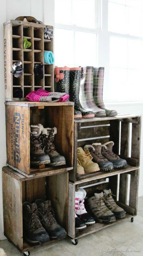 20 Tips to Organize the Garage via A Blissful Net Bathroom Storage Ideas For Small Spaces, Shoe Organization Ideas, Wood Crate Shelves, Mud Room Ideas Entryway, Farmhouse Decoration Ideas, Shoe Storage Ideas For Small Spaces, Decor Apartment Ideas, Diy Shoe Storage, Jewerly Holders