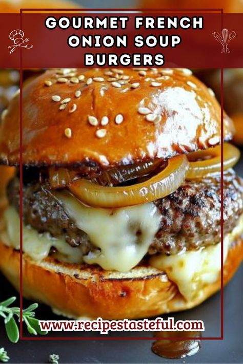 A culinary fusion that combines the rich, savory essence of French onion soup with the hearty satisfaction of a gourmet burger. Perfect for any occasion! French Fried Onions Recipe, French Onion Soup Burgers, French Onion Soup Burger Recipe, French Onion Soup Burger, Onion Soup Burgers, French Onion Burger, French Fried Onion Recipes, Fried Onions Recipe, Homemade Hamburger Patties