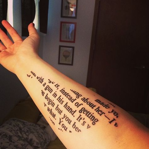 24 Literary Text Tattoos Inspired by Moving Words From Books Mockingbird Tattoo, Book Inspired Tattoos, Literary Tattoo, Catrina Tattoo, Tattoo Lettering Design, Literary Text, Literary Tattoos, Kill A Mockingbird, Forearm Tattoo Design