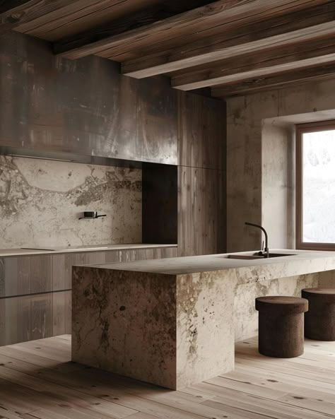 Rustic Concrete Kitchen, Raw Wood Interior Design, Tulum Inspired Kitchen, Wood And Stone Kitchen, Concrete And Wood Kitchen, Kitchen Island Stone, Rustic Kitchen Island Ideas, Stone Kitchen Island, Kitchen Design Rustic