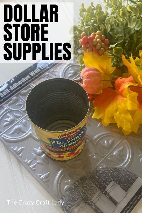 Ceiling Tiles Crafts, Tile Vase, Faux Tin Tiles, Tin Can Flowers, Fall Floral Arrangement, Faux Tin Ceiling Tiles, Recycled Tin Cans, Diy String Lights, Tin Flowers