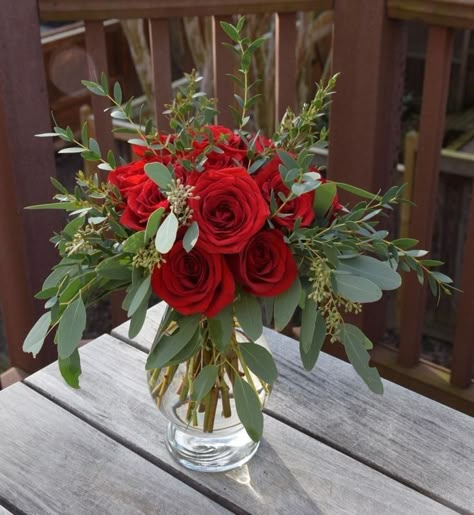 Flower Arrangements With Red Roses, Dozen Roses Arrangement, Flower Arrangements Red Roses, Red Rose Centerpiece, Roses With Eucalyptus, Roses Centerpieces, Red Roses Centerpieces, Red Flower Arrangements, Red Rose Arrangements