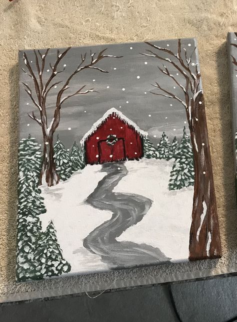 Easy Acrylic Winter Painting Ideas, Pretty Christmas Paintings, Easy Paintings For Christmas, Winter Inspired Paintings, Crismas Painting On Canvas, Easy Winter Paintings On Canvas, Christmas Things To Paint On Canvas, Winter Canvas Ideas, Christmas Sky Painting