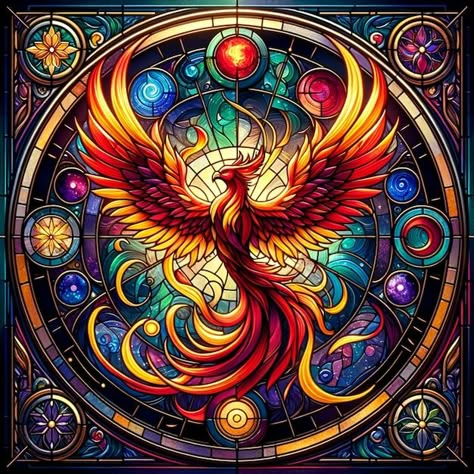 Photo fantastical stained glass phoenix ... | Premium Photo #Freepik #photo Stained Glass Painting Designs, Fantasy Stained Glass Art, Circular Window, Arts And Crafts Tiles, Stained Glass Tattoo, Birds Photography Nature, Stain Glass Window Art, L'art Du Vitrail, Diamond Picture