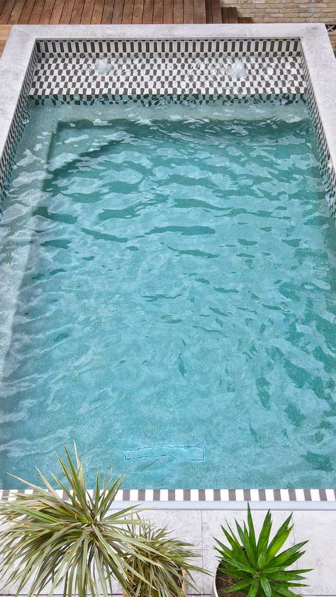 Greyscale Striped Backyard Pool Tile | Fireclay Tile Waterline Pool Tile, Mahogany Bay, Vegas Pool, Mosaic Pool Tile, Poolside Lounge, Pool Finishes, Swimming Pool Tiles, Pool Remodel, Pool Tiles