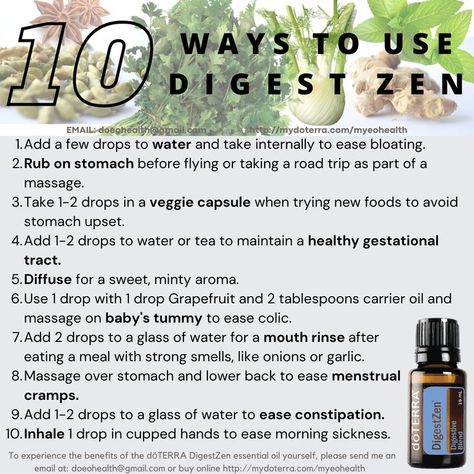 Doterra Digestzen, Digest Zen, Digestzen Doterra, Doterra Essential Oils Recipes, Essential Oils For Kids, Essential Oils Guide, Herbal Recipes, Doterra Oils, Oil Uses