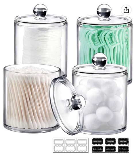 Acrylic bathroom canity containers #bathroom #bathroomorganizationideas #organization #bathroomorganizations #acrylic #acrylicorganizers #declutter Countertop Canisters, Apothecary Jars Bathroom, Bathroom Vanity Organization, Bathroom Canisters, Floss Picks, Make Up Organiser, Vanity Countertop, Bathroom Storage Organization, Decorated Jars