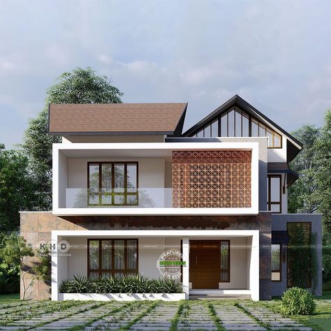 Mixed roof house 2 Storey Contemporary House Design, Jally Design Pattern Exterior, Farmhouse Elevation Design, Elevation Grill Design, Contemporary House Exterior Kerala, Home Front Elevation Indian, Front Elevation Tiles Design, Elevation Tiles Design, Elevation Design Single Floor