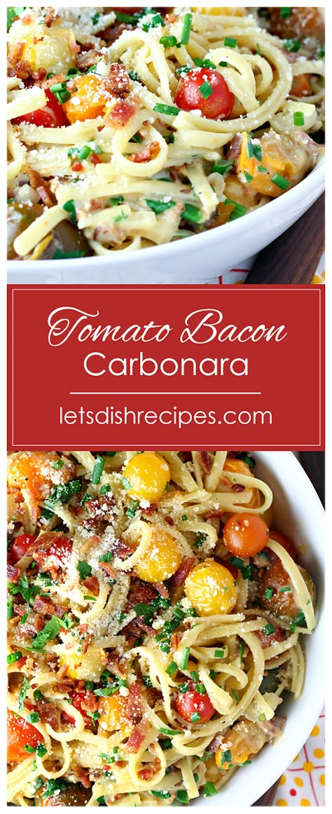 Tomato Bacon Carbonara Recipe -- Classic pasta Carbonara with bacon is given a delicious, colorful twist with the addition of fresh sauteed cherry tomatoes. #pasta #carbonara #bacon #tomatoes #recipes Bacon Tomatoes Pasta, Bacon Cherry Tomato Pasta, Bacon And Tomato Recipes, Steak And Tomato Pasta, Pasta With Bacon And Tomatoes, Pasta And Tomatoes Recipes, Bacon Entree Recipes, Cherry Tomato Dinner Recipes, Pasta With Sauteed Cherry Tomatoes