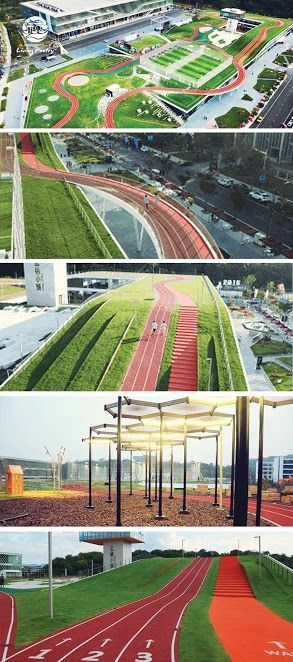 First 760m rooftop jogging track at International Expo Center II of Yunqi Town exhibits the groundbreaking cooperation of nature running and urban running.  #Hangzhou #China Backyard Running Track, Jogging Track Design, Jogging Path, Rooftop Running Track, Jogging Track Design Landscape, Highway Architecture Design, Planning Sport, Highway Architecture, Site Development Plan