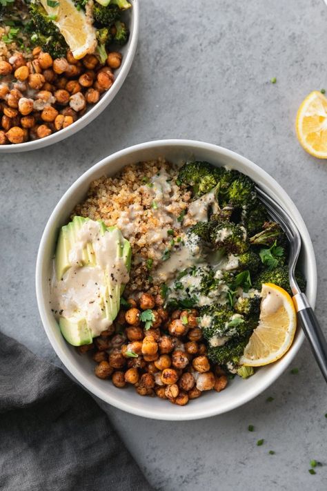 Chickpea Bowls, Broccoli Chickpea, Tahini Sauce Recipe, Lemon Tahini Sauce, Crispy Quinoa, Rice Recipes For Dinner, Overnight Oat, Tahini Sauce, Meyer Lemon