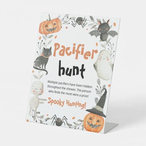 Halloween Baby Shower Games, Pacifier Hunt Sign, Pacifier Hunt, Candy Games, Shower Diy, Baby Shower Pumpkin, Shower Sign, Halloween Baby, Baby Shower Fall