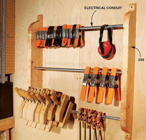 Clamp Organization, Clamp Organizer, Clamp Rack, Easy Garage Storage, Clamp Storage, Storage Furniture Design, Downloadable Woodworking Plans, Tool Wall, Electrical Conduit