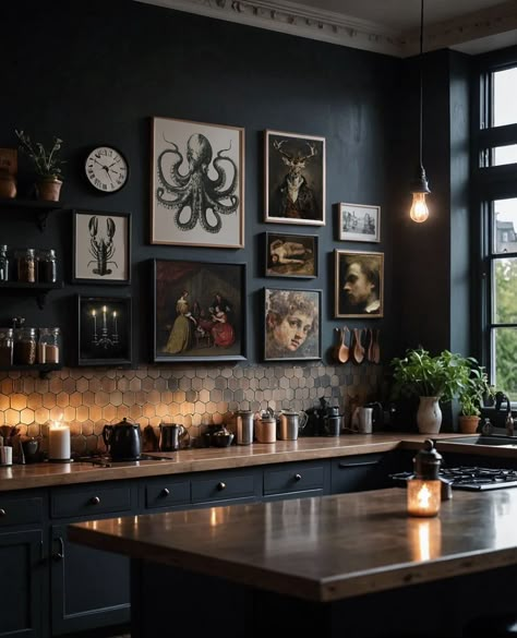 Dark Academia Kitchen, Octopus Print, Dark Home Decor, Goth Home, Goth Home Decor, Dark Home, The Octopus, Dark Interiors, Dark Gothic