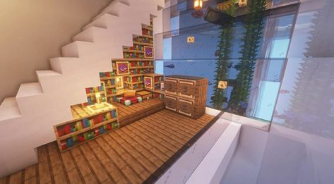 Indoor Stairs Minecraft, Minecraft Interior Stairs, Desert Library, Minecraft Town, Minecraft Hacks, Minecraft Interior, Minecraft Interior Design, Minecraft Cottage, Cute Minecraft Houses