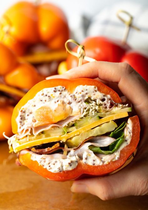 How to Make a Low Carb Keto Bell Pepper Sandwich with Cream Cheese - Crunchy bell peppers are a delicious gluten-free bread substitute! Load them with cheeses, deli slices, bacon, and veggies for the ultimate keto and low carb sandwiches. There's no wrong way to customize this recipe to suit your dietary needs and taste preferences. | A Spicy Perspective Sandwich With Cream Cheese, Bell Pepper Sandwich, Bbq Pulled Jackfruit, Low Carb Sandwiches, Pepper Sandwich, Gluten Free Sandwiches, Pickled Okra, Picnic Recipes, A Spicy Perspective