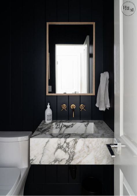 This small space really packs a punch! Love the feel these dark walls bring to this room! This contrast is everything!!! Moody Powder Room, Spa Retreat, Dark Walls, Powder Room, Bathroom Inspiration, Interior Design Inspiration, The Hamptons, Light Colors, Small Spaces