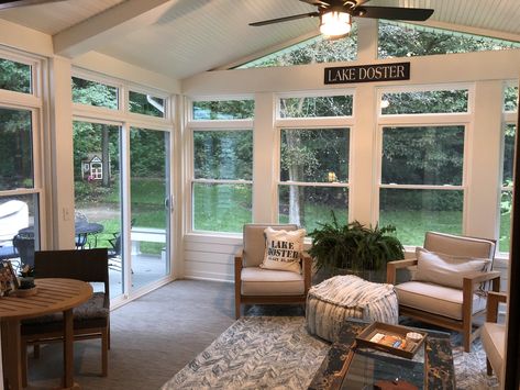 Sunroom Deck, Four Seasons Room Addition, Upgrade Home, Large Sunroom, Sunroom Remodel, Sunroom Kitchen, Cottage Remodel, All Season Room, Family Room Addition