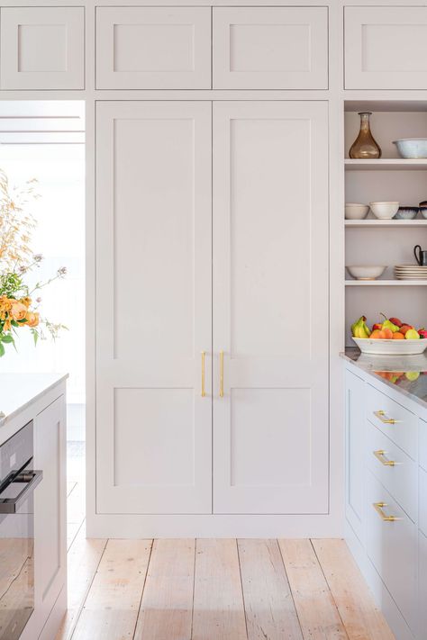 Somerset Shaker Kitchen with kitchen larder Shaker Doors Kitchen, Contemporary Shaker Kitchen, White Shaker Cabinet, White Cupboard, Shaker Kitchens, Pantry Inspiration, Kitchen Larder, Dining Room Sideboard, Shaker Kitchen Cabinets