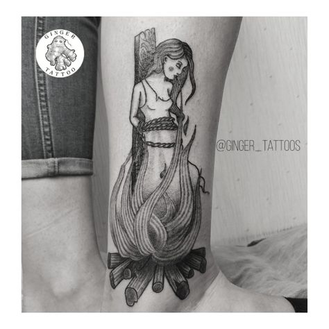 Witch on fire smoking tattoo dotwork linework Witch Burned At Stake Tattoo, Burning Witch Drawing, Woman On Fire Tattoo, Girl On Fire Tattoo, Witch Burning Tattoo, Burning Witch Tattoo, Burning Witch, Coverup Ideas, Tattoo Coverup