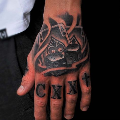 Gambling Hand Tattoo, Ace Of Spades Hand Tattoo, Dice Hand Tattoo, Ace Card Tattoos, Poker Hand Tattoo, Poker Tattoo, Man With Tattoos, Ace Of Spades Tattoo, Herren Hand Tattoos