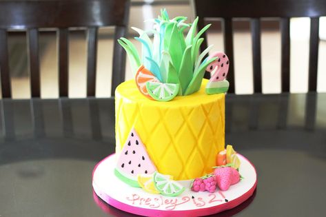 Two-tti Fruity Cake Tutti Fruity Cake Second Birthday Tutti Fruity Cake, Twotti Fruity, Tutti Frutti Birthday Party, Birthday 15, Fruit Birthday Party, 2nd Birthday Party For Girl, Pineapple Birthday, Fruity Cake, Fruit Birthday