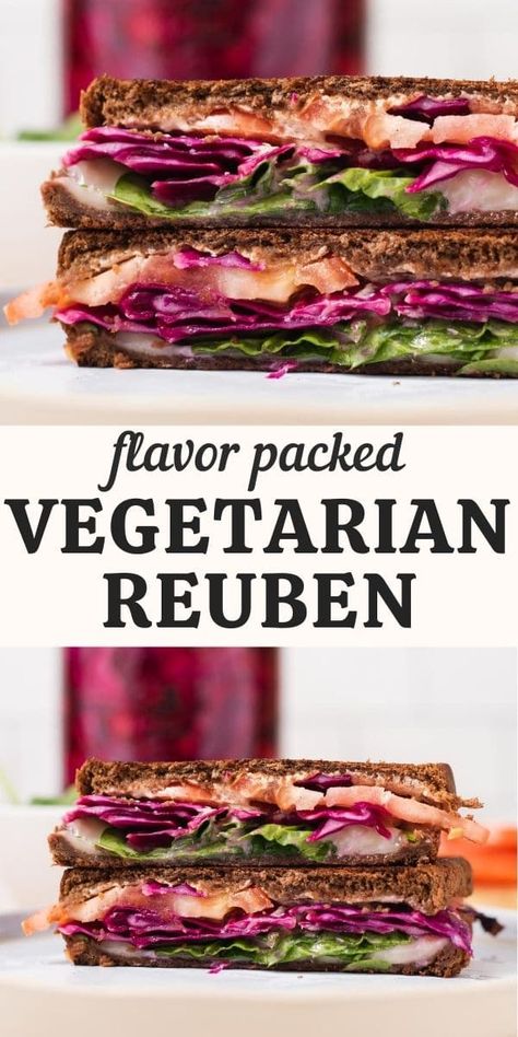 This vegetarian reuben recipe is a delicious twist on a classic grilled Reuben sandwich. Quick pickled cabbage adds a punch of flavor to this healthy but comforting meal! Vegetarian Reuben, Quick Pickled Cabbage, Low Calorie Vegetarian Recipes, Reuben Recipe, Reuben Sandwich Recipe, Vegetarian Sandwich Recipes, Vegan Sandwich Recipes, Peach Kitchen, Vegetarian Recipes Lunch