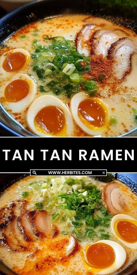 This Tan Tan Ramen is a rich and flavorful bowl featuring a spicy sesame broth, tender noodles, and savory seasoned ground meat. Inspired by Japanese and Sichuan flavors, it’s the perfect balance of heat, creaminess, and umami. A must-try for ramen lovers looking for bold flavors! Creamy Ramen, Tan Tan Ramen, Ramen Spicy, Japanese Noodle Dish, Noodles Lover, White Miso, Japanese Noodles, Soft Boiled Eggs, Toasted Sesame Seeds