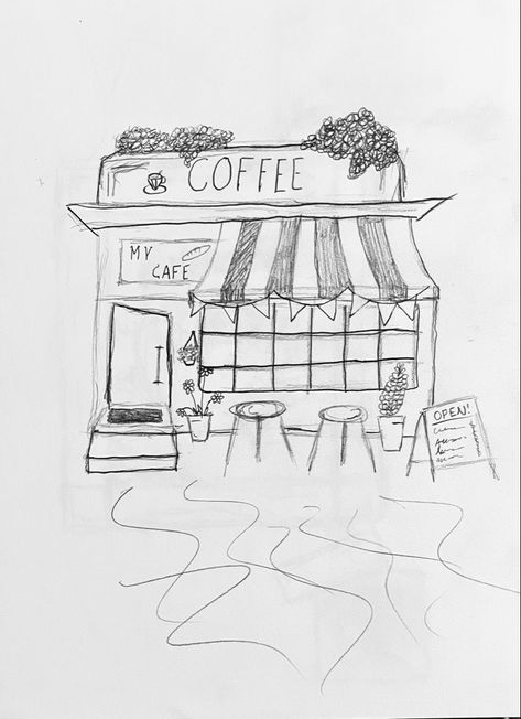 #coffee #coffeeshop #drawingideas #sketch #sketchbook Artist- Madison Merkle Coffee Shop Drawing Easy, Coffee Shop Sketch Drawings, Cafe Sketch Drawing, Cafe Drawing Easy, Aesthetic Cafe Drawing, Coffee Shop Drawing Sketch, Cafe Sketch Coffee Shop, Sketch Coffee Shop, Coffee Sketch Drawing